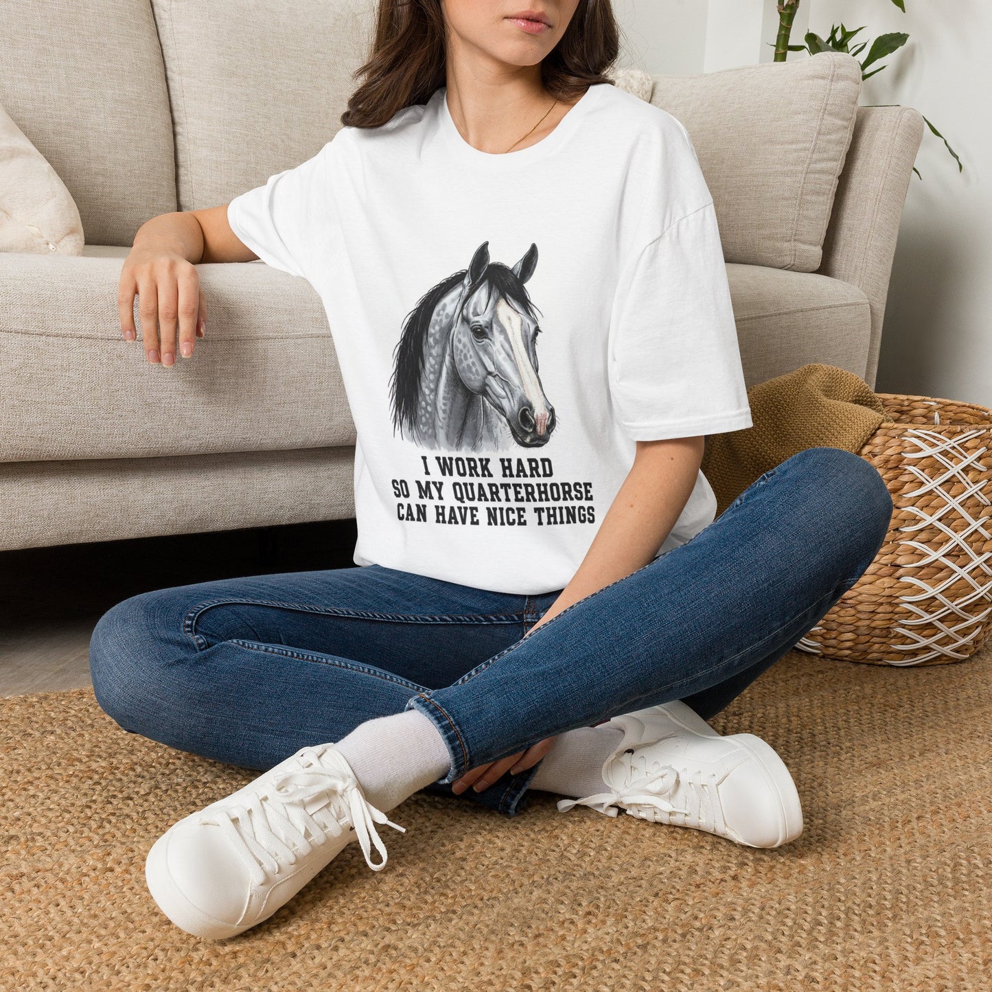 Gray Quarter Horse Portrait T-Shirt | I Work Hard To My Quarterhorse Can [...]