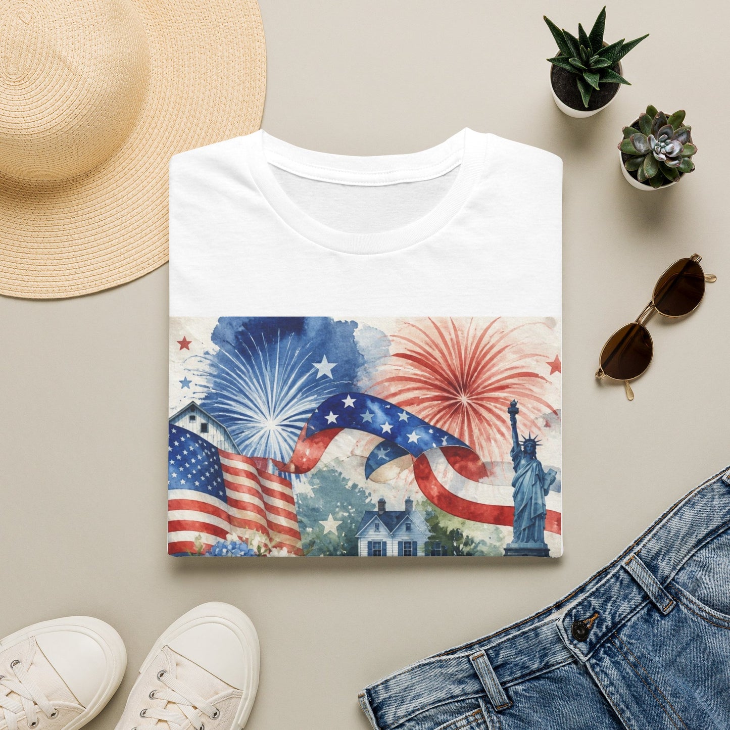 American Flag Fireworks T-Shirt | Statue of Liberty July 4th