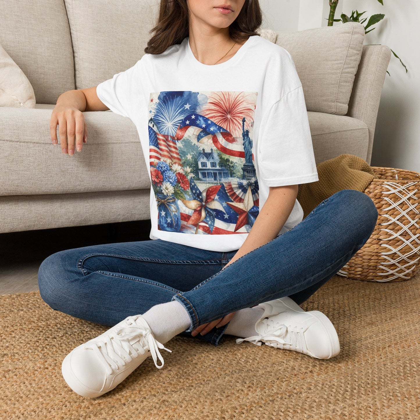 American Flag Fireworks T-Shirt | Statue of Liberty July 4th