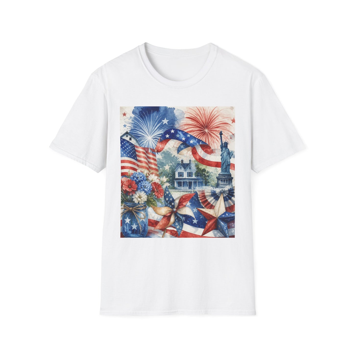 American Flag Fireworks T-Shirt | Statue of Liberty July 4th