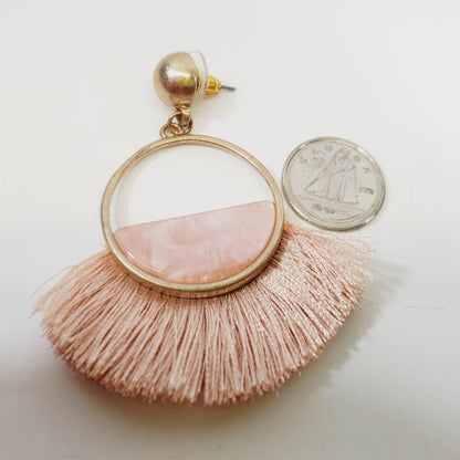 Vintage Pierced Earrings Circular Frames with Pink Fringes - Unique Collectibles