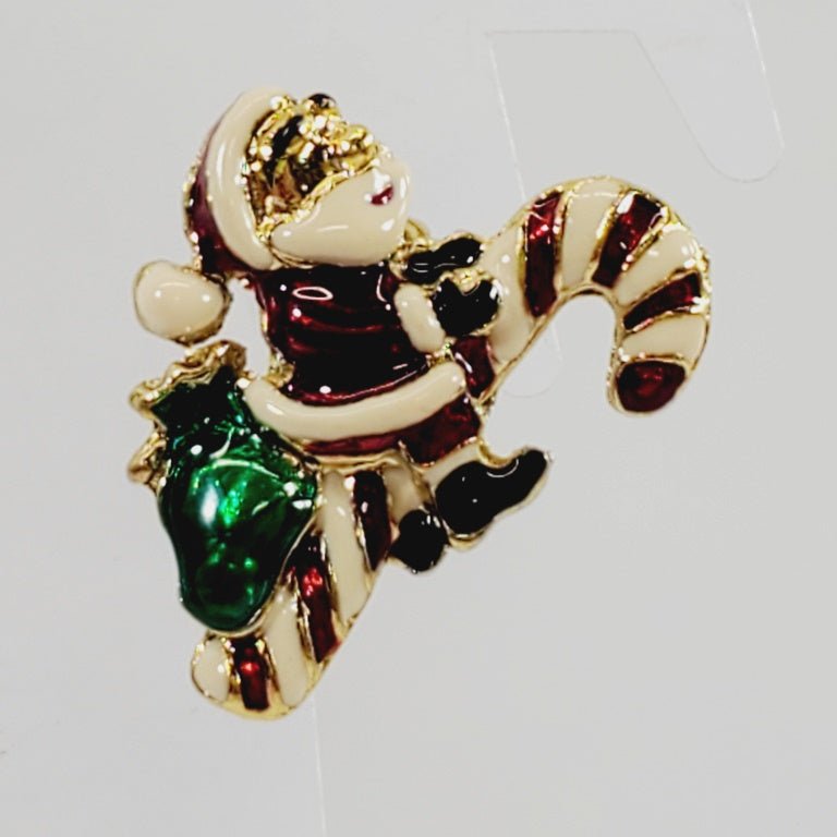 Enamel Santa Claus Riding A Candy Cane Brooch - Unique Collectibles