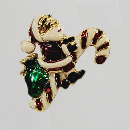 Enamel Santa Claus Riding A Candy Cane Brooch - Unique Collectibles
