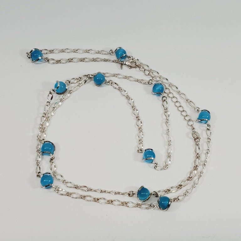 Vintage Blue Beaded Necklace 38" Signed Avon - Unique Collectibles