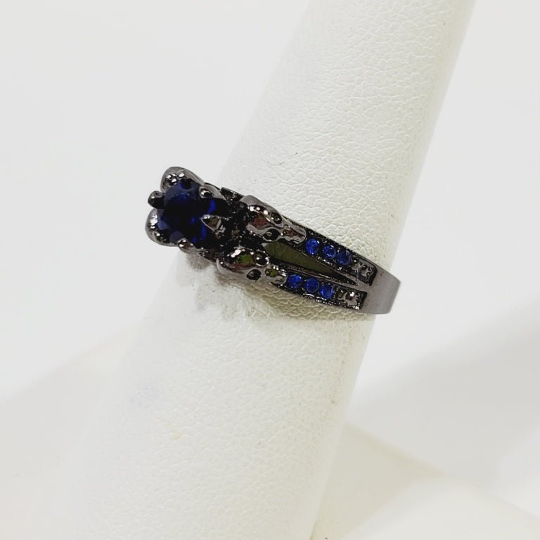 Deep Blue Crystal Ring Size 6.5 Gun Metal Grey - Unique Collectibles