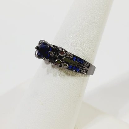 Deep Blue Crystal Ring Size 6.5 Gun Metal Grey - Unique Collectibles