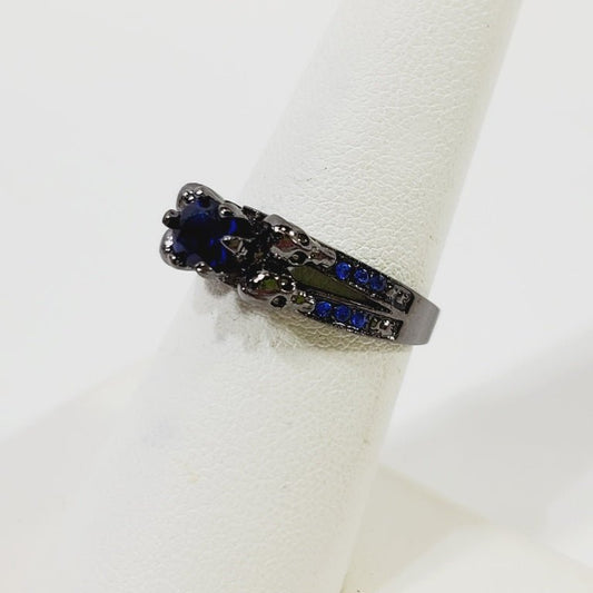 Deep Blue Crystal Ring Size 6.5 Gun Metal Grey - Unique Collectibles