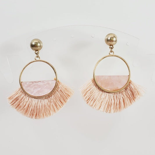 Vintage Pierced Earrings Circular Frames with Pink Fringes - Unique Collectibles