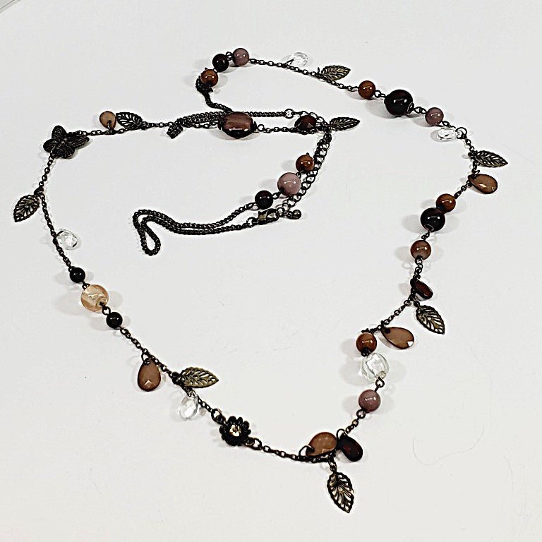 Vintage Sweater Beaded & Leaf Shaped Necklace 42" - Unique Collectibles