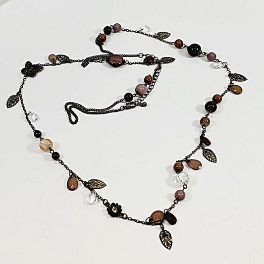 Vintage Sweater Beaded & Leaf Shaped Necklace 42" - Unique Collectibles