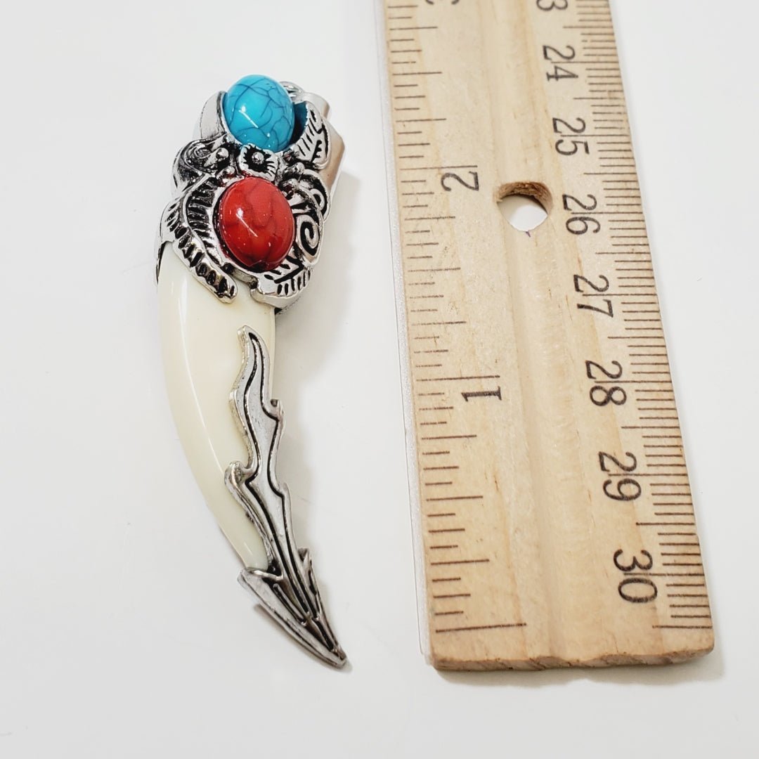Tribal Style Tooth Pendant with Turquoise & Red Stones - Unique Collectibles