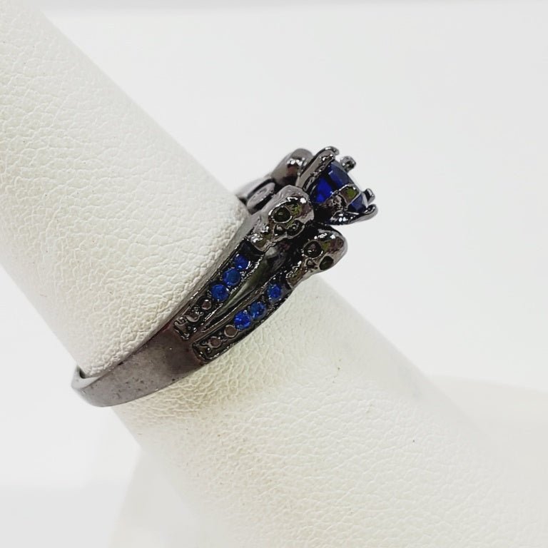 Deep Blue Crystal Ring Size 6.5 Gun Metal Grey - Unique Collectibles