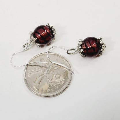 Purple Art Glass Bead Earrings Stamped 925 - Unique Collectibles