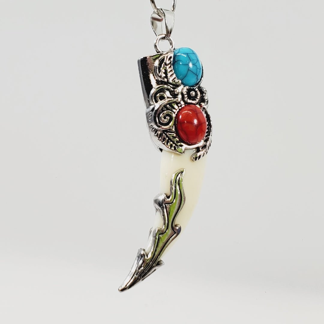 Tribal Style Tooth Pendant with Turquoise & Red Stones - Unique Collectibles