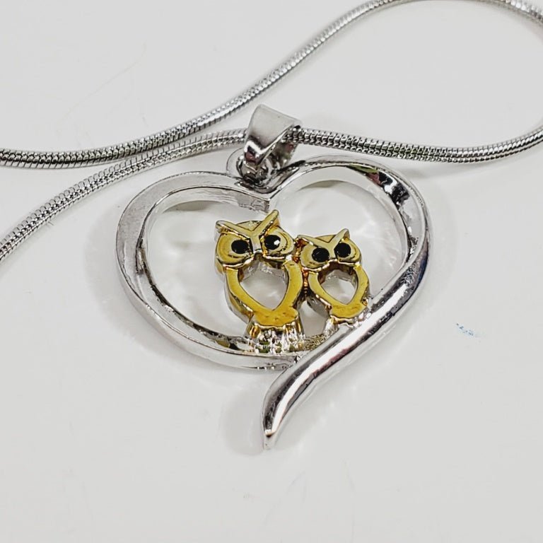 Owls in Heart Shaped Pendant 20" Necklace - Unique Collectibles