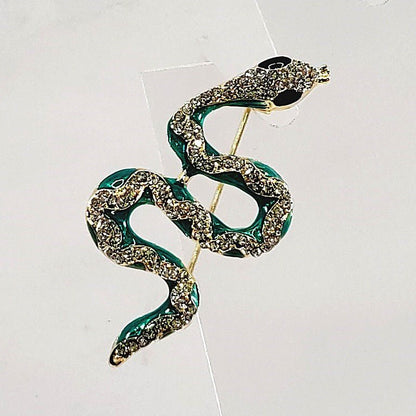 Green Enamel and Crystal Snake Brooch - Unique Collectibles