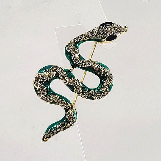 Green Enamel and Crystal Snake Brooch - Unique Collectibles