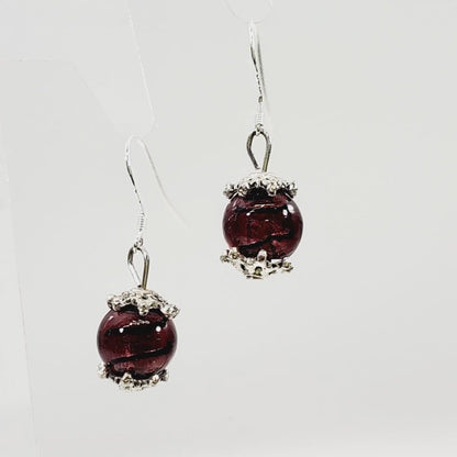 Purple Art Glass Bead Earrings Stamped 925 - Unique Collectibles