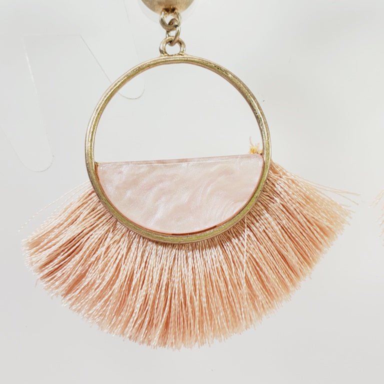 Vintage Pierced Earrings Circular Frames with Pink Fringes - Unique Collectibles