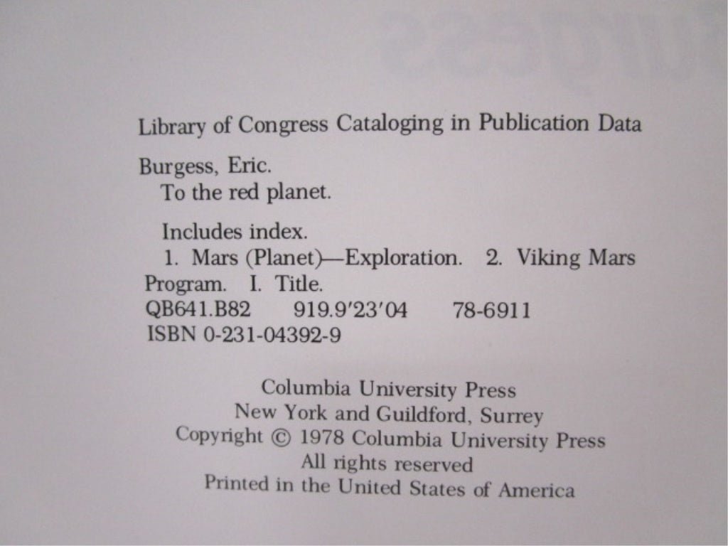 To The Red Planet By Eric Burgess 1978 Hardcover Book with Dust Jacket - Unique Collectibles
