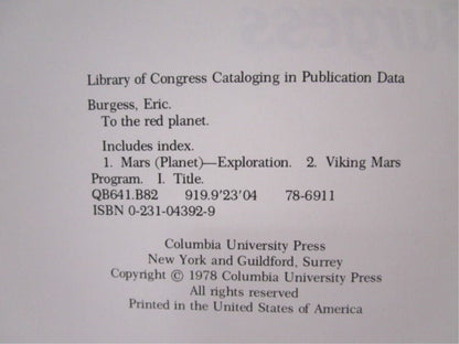 To The Red Planet By Eric Burgess 1978 Hardcover Book with Dust Jacket - Unique Collectibles