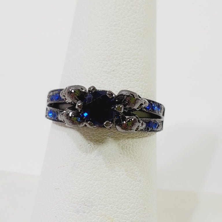 Deep Blue Crystal Ring Size 6.5 Gun Metal Grey - Unique Collectibles