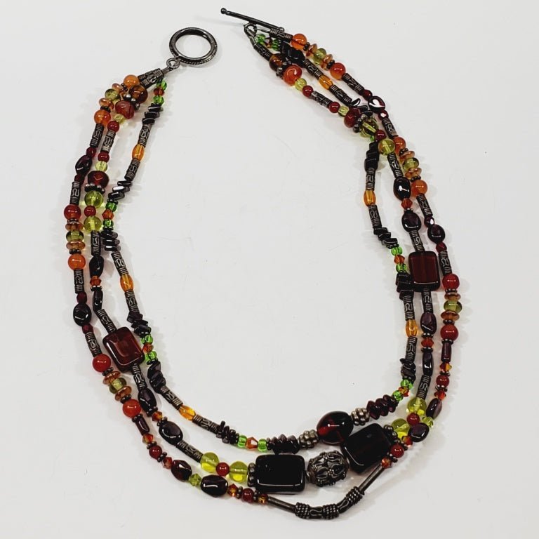 Glass Bead Triple Strand Necklace 16" - Unique Collectibles