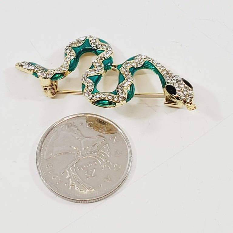Green Enamel and Crystal Snake Brooch - Unique Collectibles